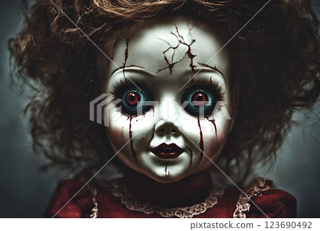 可怕的女孩娃娃臉特寫 123690492