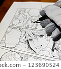 使用沾水筆為漫畫手稿上墨的照片。 123690524