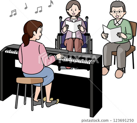Senior men and women singing with a music therapist 123691250