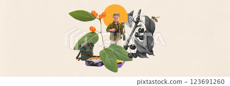 Boy standing among oversized plants and berries, carrying binoculars and backpack. Ready for camping trip. Contemporary art collage. 123691260