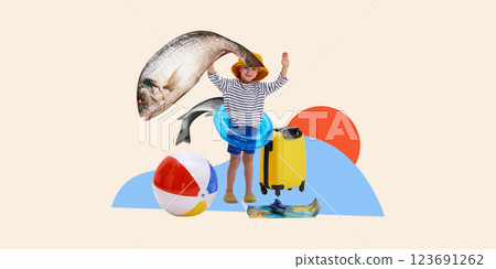Excited child in panama hat, giant fish, surrounded by playful beach elements, showing seaside adventure with joy. Contemporary art collage 123691262