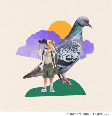 Curious child with backpack using binoculars, standing in front of giant pigeon, exploring new places. Excited journey. Contemporary art collage. Curious child with backpack using binoculars, standing in front of giant pigeon, exploring new places. Excited journey. Contemporary art collage. 123691275