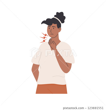 Sick young afro woman suffering from throat pain and holding her neck with discomfort. Unwell person with a cold and sore throat. Flat Style Vector Illustration isolated on white background. 123691551