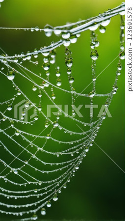 Spider web with water droplets on green blur natural background. Macro shot of dew covered silk threads in nature 123691578