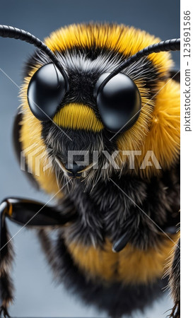 Extreme close-up of bumblebee with black and yellow fur, large compound eyes, and antennae on a blurred background 123691586