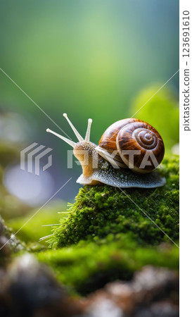 Snail with brown spiral shell crawling on moss-covered rock in blur sunlight. Macro shot of mollusk in green forest environment 123691610