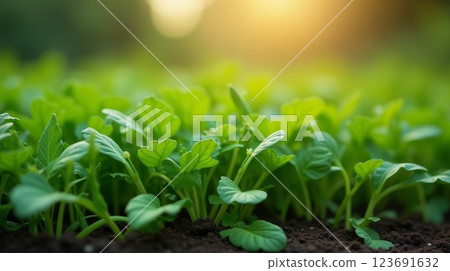 Green seedlings growing in soil with sunlight in background. Close-up of young plants in garden. Sustainable agriculture and farming concept 123691632
