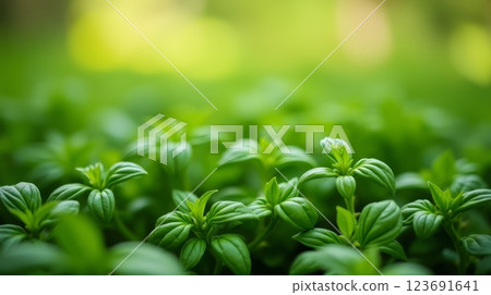 Fresh basil plants growing in garden with sunlight and blurred green background 123691641