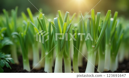 Young green onions growing in soil under sunlight, fresh organic vegetable garden, close-up of spring onion plants in natural environment 123691647