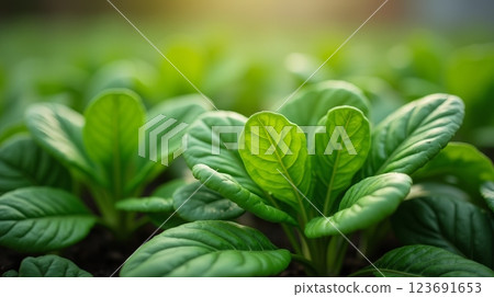 Fresh green spinach plants growing in garden, close-up of vibrant leaves in sunlight, organic farming and healthy food concept 123691653