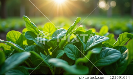 Fresh green spinach plants growing in garden, close-up of vibrant leaves in sunlight, organic farming and healthy food concept 123691654