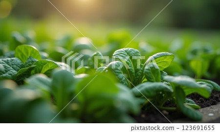 Fresh green spinach plants growing in garden, close-up of vibrant leaves in sunlight, organic farming and healthy food concept 123691655