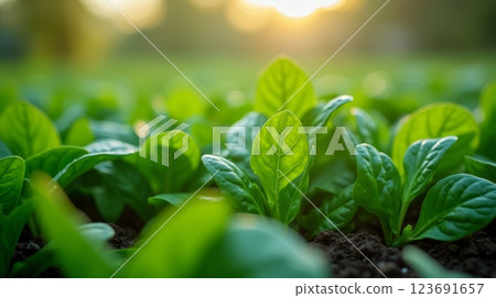 Fresh green spinach plants growing in soil with sunlight, close-up of vibrant leaves in organic farm, concept of healthy eating and agriculture 123691657