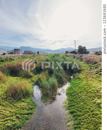 Small River with Green Grass and Reeds near City and Mountains in Gazipasa Turkey Small River with Green Grass and Reeds near City and Mountains in Gazipasa Turkey 123691680
