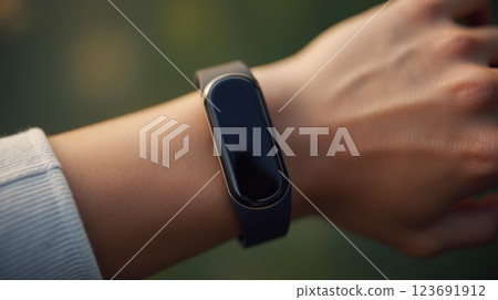 Smart fitness tracker with blank black screen on wrist, close-up shot outdoors with blurred green background, modern wearable technology 123691912