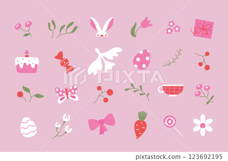 Simple cute pinky Easter elements. Cartoon vector minimallist Easter bread, spring flowers, egg illustrations. 123692195