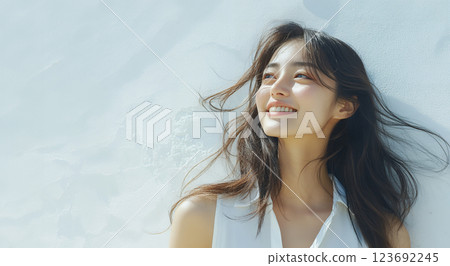 AI-generated image of an Asian woman with beautiful long flowing hair 123692245