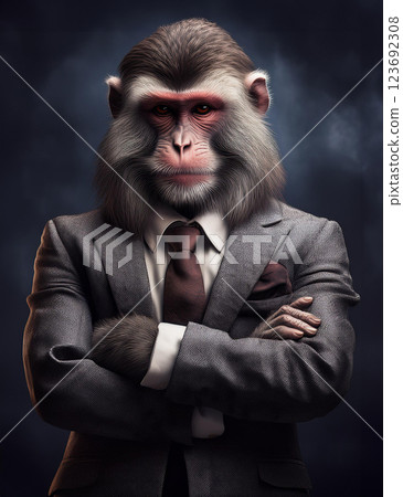 A monkey wearing a suit and folding his arms 123692308