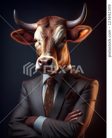 A cow wearing a suit and folding his arms 123692309
