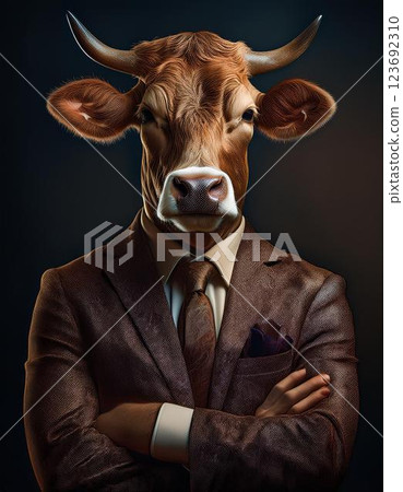 一頭穿著西裝、交叉雙臂的牛 一頭穿著西裝、交叉雙臂的牛 123692310