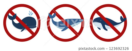 Vector set of prohibition signs with whales isolated from background. Collection of forbidden signs with fish. 123692326