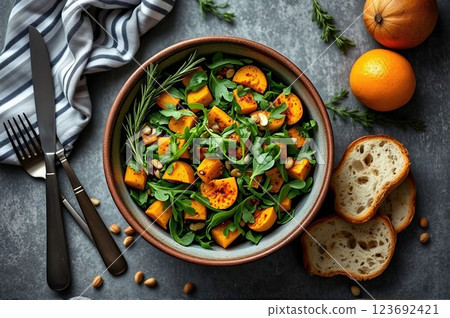 Artisanal Harvest Bowl A Mediterranean-Inspired Autumn Feast with Fresh Herbs and Rustic Accompaniments 123692421