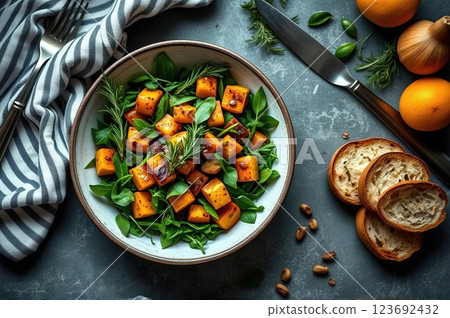 Artisanal Harvest Bowl A Mediterranean-Inspired Autumn Feast with Fresh Herbs and Rustic Accompaniments 123692432