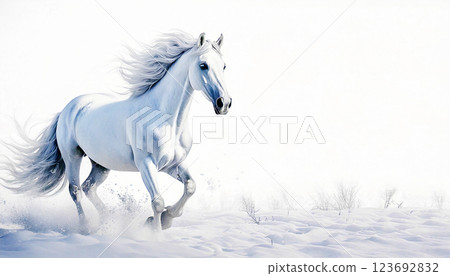 White horse running through snowy fields, Generative AI, AI images 123692832
