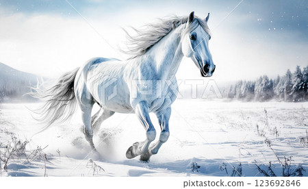 白馬奔跑在雪地裡，生成式人工智慧，人工智慧影像 123692846