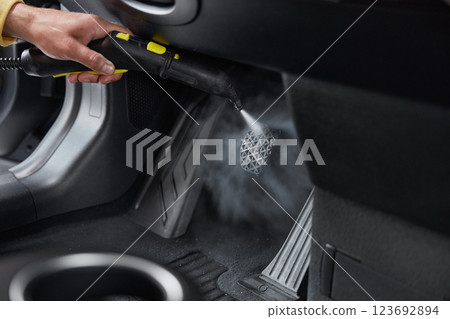 Master using cleaning properties of steam for cleansing car interior 123692894