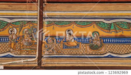 Frescoes Decoration On Wall Of Hanuman Temple In Jaipur, India. Religious Motifs From Life Of Hanuman Are Painted. Monkey-like Deity, Son Of Wind God Vayu. Scene Has Rama And Sita On Throne, As 123692969