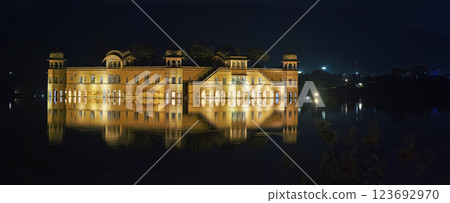 Jaipur, Rajasthan, India. Jal Mahal Or Water Palace In Night Illumination. Palace Inmiddle Of Man Sagar Lake. Reflections In Dark Water. Popular Tourist Attraction In Jaipur. Originally Constructed 123692970