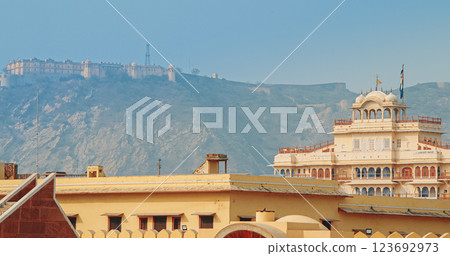 Jaipur, Rajasthan, India. Nahargarh Fort Stands On Edge Of Aravalli Hills, Overlooking City Of Jaipur. Fort Was Originally Named Sudershangarh, But It Became Known As Nahargarh, Which Means Abode Of 123692973