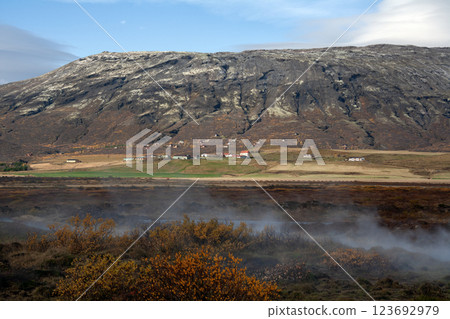 Geothermal steam in the landscape of northern Iceland Geothermal steam in the landscape of northern Iceland 123692979