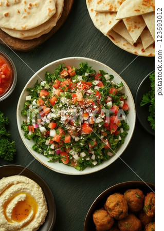 Middle Eastern dining scene with tabbouleh 123693012