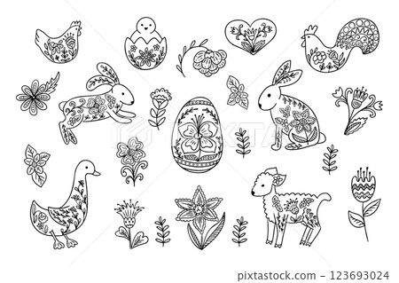 Hand drawn Easter folk doodles with flowers Hand drawn Easter folk doodles with flowers 123693024