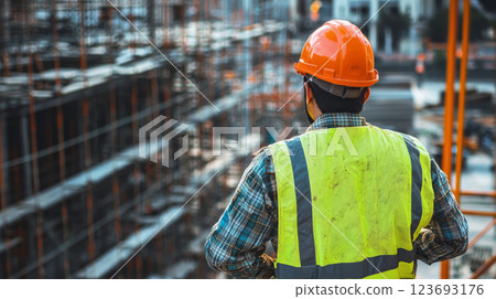 Construction worker securing scaffolding, ensuring site safety protocols 123693176