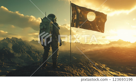 Futuristic explorer planting a flag on an undiscovered planet, mission success 123693196