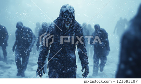 Frozen zombies trudging through a blizzard 123693197