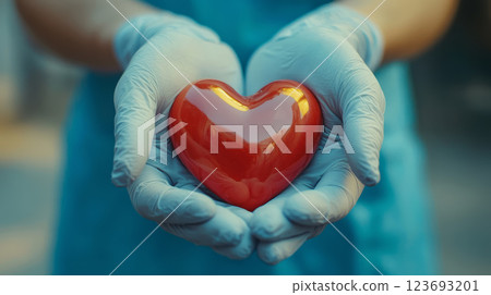 medical professional wearing gloves holds a red heart symbol, representing healthcare, compassion, organ donation, and cardiovascular health 123693201