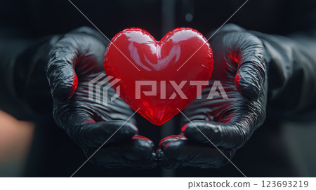 medical professional wearing gloves holds a red heart symbol, representing healthcare, compassion, organ donation, and cardiovascular health 123693219