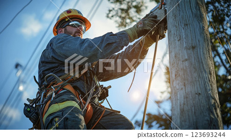 lineman in protective gloves, harness, and a hard hat, climbing a utility pole lineman in protective gloves, harness, and a hard hat, climbing a utility pole 123693244