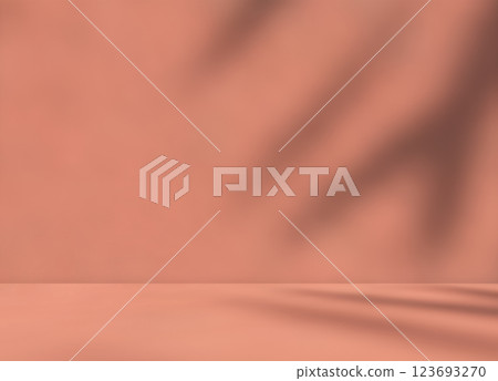 Empty brown orange room studio with shadow of leaves. 123693270