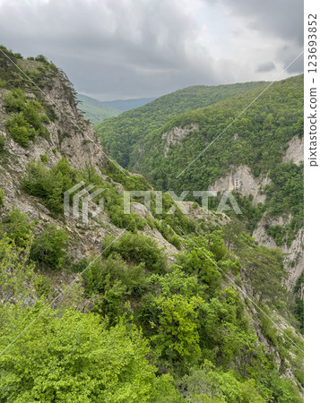 Beautiful mountain scenery and green forest from the top of the cliff Beautiful mountain scenery and green forest from the top of the cliff 123693852