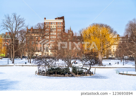 Duck Island in the middle of Public Garden Lake at Public Garden Park in Boston, MA covered with winter snow 123693894