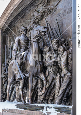 Bronze relief sculpture by Augustus Saint-Gaudens, The Memorial to Robert Gould Shaw and the Massachusetts Fifty-Fourth Regiment, located across the street from the Massachusetts State House Bronze relief sculpture by Augustus Saint-Gaudens, The Memorial to Robert Gould Shaw and the Massachusetts Fifty-Fourth Regiment, located across the street from the Massachusetts State House 123693962