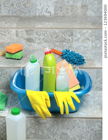 Household cleaning products and items for cleaning tile in house. Cleaning and cleanliness. Household cleaning products and items for cleaning tile in house. Cleaning and cleanliness. 123694000