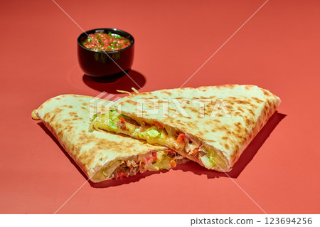 Quesadilla with chicken, cheese, vegetables and herbs and sauce Quesadilla with chicken, cheese, vegetables and herbs and sauce 123694256