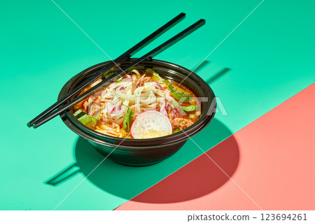 Birria ramen, consomme soup with beef and noodle. Mix of Mexican and Asian cuisine Birria ramen, consomme soup with beef and noodle. Mix of Mexican and Asian cuisine 123694261