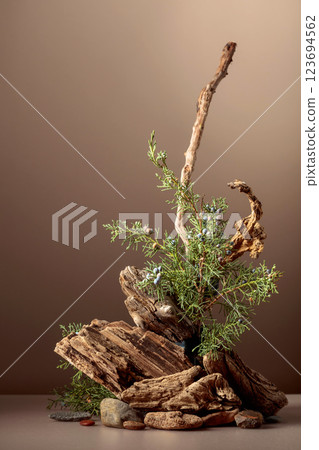 Abstract nature scene with a composition of juniper and dry snags. Abstract nature scene with a composition of juniper and dry snags. 123694562